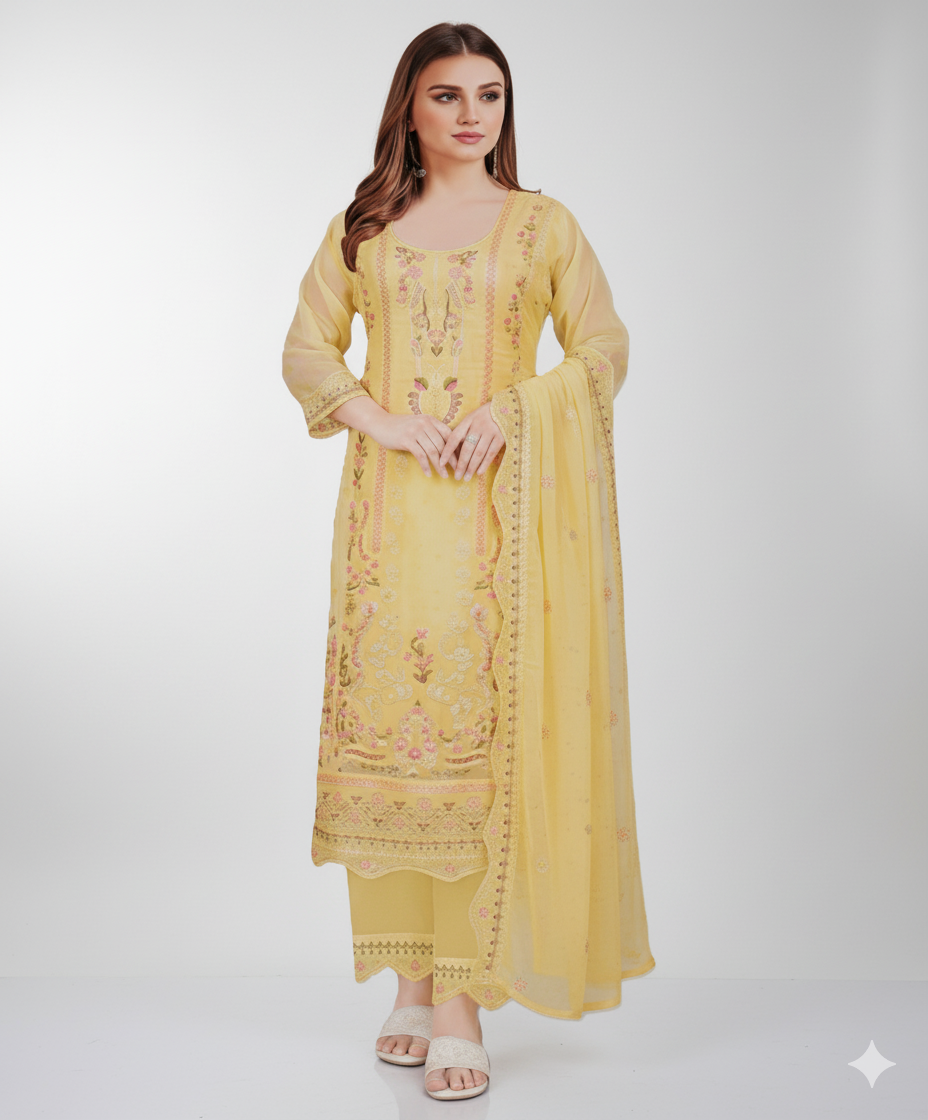 Sunshine Lemon Yellow Embroidered Chiffon Ensemble
