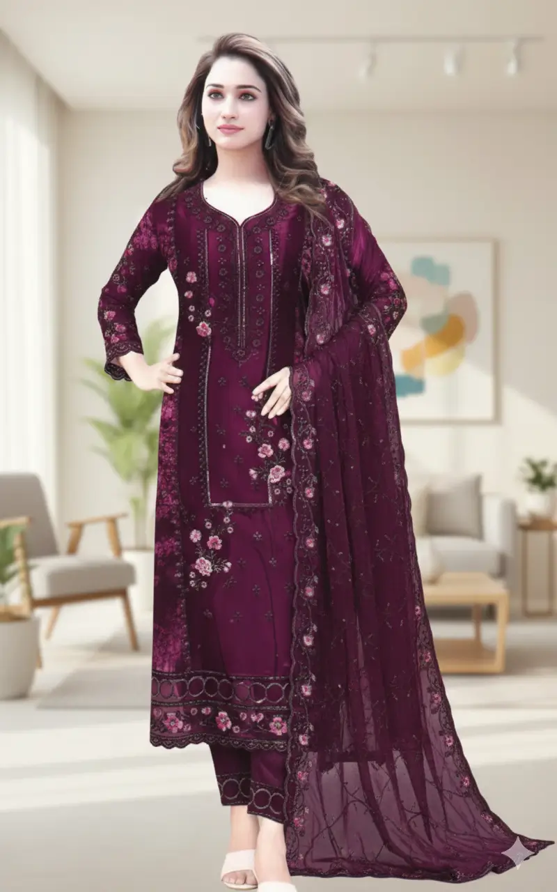 Gorgeous Maroon Embroidered Three-Piece Salwar Kameez Set